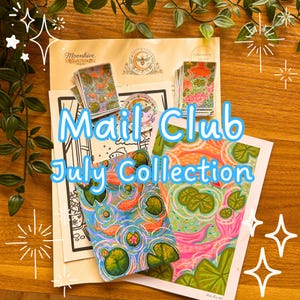 May include: A Moonhive Mail Club July collection set featuring stacks of small rectangular cards with koi fish and lily pad illustrations, a circular sticker, and two larger art prints with vibrant pink, orange, and green pond motifs.