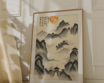 Traditioneel Chinees berglandschap | Pagode-inktschilderij | Kunst met volle maan | Aziatische wanddecoratie