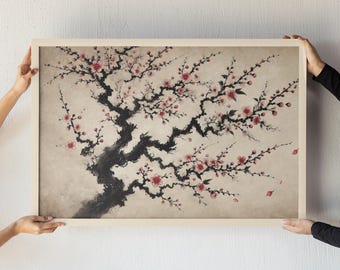 May include: A framed print of a delicate black branch with pink blossoms on a beige background. The artwork has a traditional Japanese style.