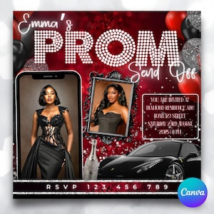 Puede incluir: Una invitación roja y negra con un título 'PROM' brillante y el texto 'Send Off'. La invitación incluye una foto de una persona con un vestido negro y una foto de un coche negro. El texto 'You are invited at Diamond Residence ABC Road 123 Street Saturday 23rd August, 2025 8 PM' está incluido en la invitación.