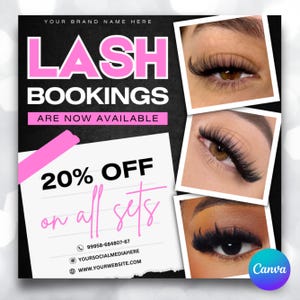 Puede incluir: Un gráfico en blanco y negro con texto rosa que dice "LASH BOOKINGS ARE NOW AVAILABLE 20% OFF on all sets". El gráfico también incluye tres fotos de ojos con extensiones de pestañas. El número de teléfono 99958-684807-67, el nombre de usuario de redes sociales YOURSOCIALMEDIAHERE y el sitio web WWW.YOURWEBSITE.COM se enumeran debajo del texto.