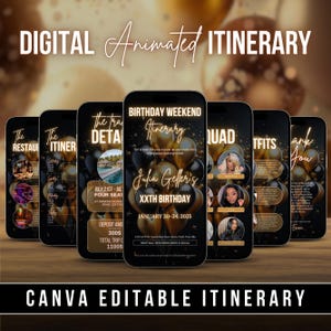 Birthday Weekend Itinerary Invitation,Digital Travel Itinerary,Black and Gold Birthday Party Invitation Video Template,Editable Canva Invite