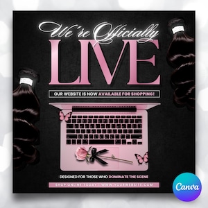 May include: A promotional graphic with the words "We're Officially LIVE" in pink, set against a black background. A pink laptop, a rose, and butterfly graphics are featured. The text "OUR WEBSITE IS NOW AVAILABLE FOR SHOPPING!" is also included.
