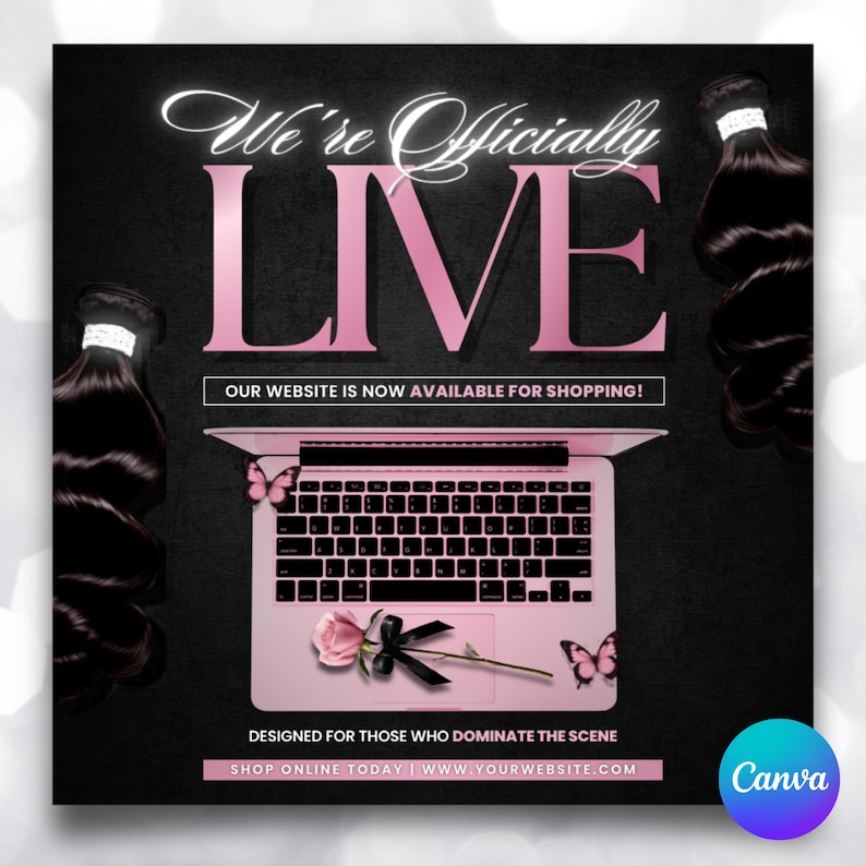 May include: A promotional graphic with the words "We're Officially LIVE" in pink, set against a black background. A pink laptop, a rose, and butterfly graphics are featured. The text "OUR WEBSITE IS NOW AVAILABLE FOR SHOPPING!" is also included.