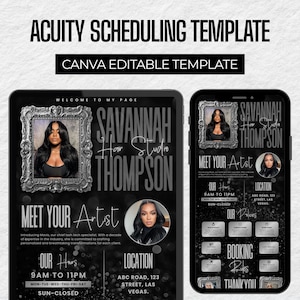 May include: A black and white digital template for Acuity scheduling, featuring the text "Acuity Scheduling Template" and "Canva Editable Template." The design includes a portrait of a woman, business information, and the words "Savannah Hair Studio Thompson."