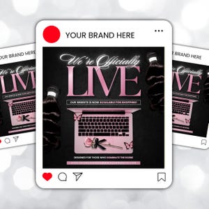 May include: A social media post with a black background and pink text that says "We're Officially LIVE". A pink laptop is in the center with butterflies and a rose. The post also includes bundles of black hair.