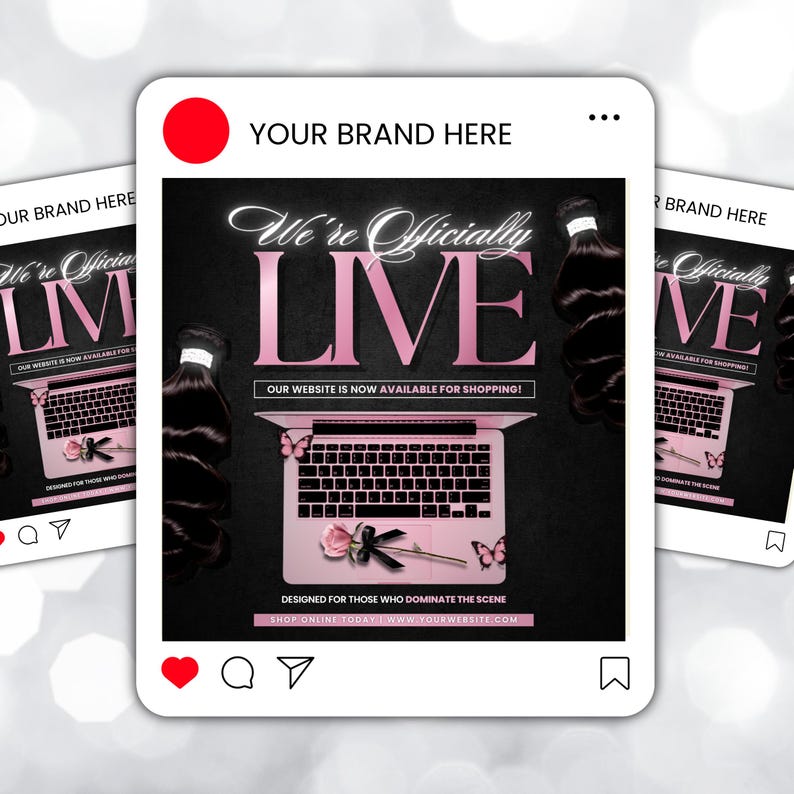 May include: A social media post with a black background and pink text that says "We're Officially LIVE". A pink laptop is in the center with butterflies and a rose. The post also includes bundles of black hair.