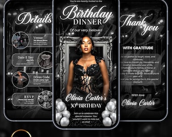 Elegant Birthday Dinner Invitation: Black Tie, Formal Glam (Editable Template eCard)