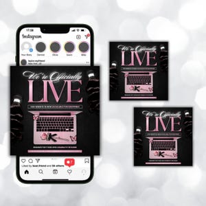 May include: An Instagram post featuring a black and pink graphic with the text "We're Officially LIVE." The design includes a laptop, butterflies, and hair bundles. The post promotes a website for shopping.
