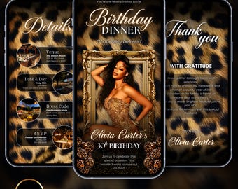 Dinerverjaardagsuitnodiging met cheetah-print: bewerkbare Canva Evite (digitale download)