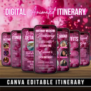 May include: A digital animated itinerary for a birthday weekend celebration. The itinerary includes details for a restaurant, travel, squad, outfits, and a thank you message. The itinerary is pink and features a pink and white balloon theme. The text on the itinerary says "Birthday Weekend Itinerary", "Celebrating Emma's XXTH Birthday", "January 20-24, 2025", and "Canva Editable Itinerary".