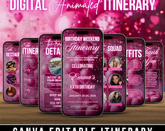 Animated Birthday Weekend Invitation: Pink Travel Itinerary (DIY Canva Template, Digital Download