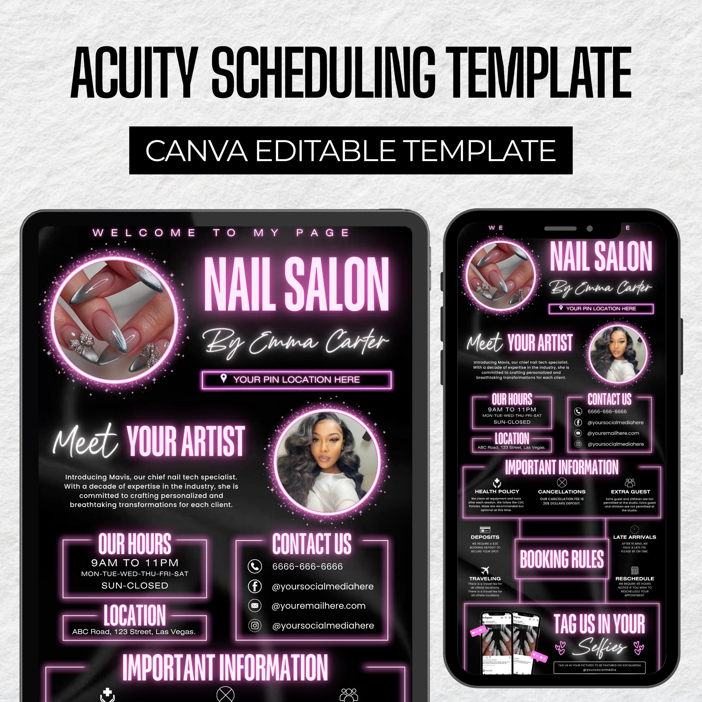 Acuity Scheduling Template for Nail Tech, Hair Editable Canva Website, Pink And Black Nail Salon Booking Site, Nail Artist Branding Template