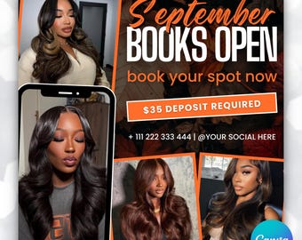 May include: An advert with the text "September BOOKS OPEN book your spot now". The ad features images of women with styled hair. The ad also includes the text "$35 DEPOSIT REQUIRED" and a phone number.