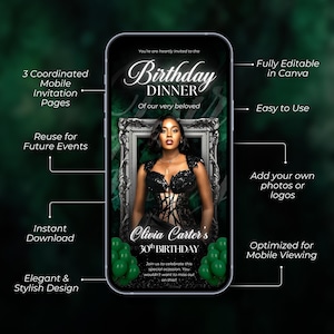 May include: A smartphone screen shows a birthday dinner invitation. The design includes a woman in a black dress, green balloons, and text that reads "Birthday Dinner" and "Olivia Carter's 30th Birthday." The invitation is described as elegant and stylish.
