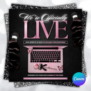 May include: A promotional graphic with the text "We're Officially LIVE" in pink, set against a black background. A pink laptop, a rose, and butterfly graphics are included. Bundles of dark hair are on the sides. The website is available for shopping.