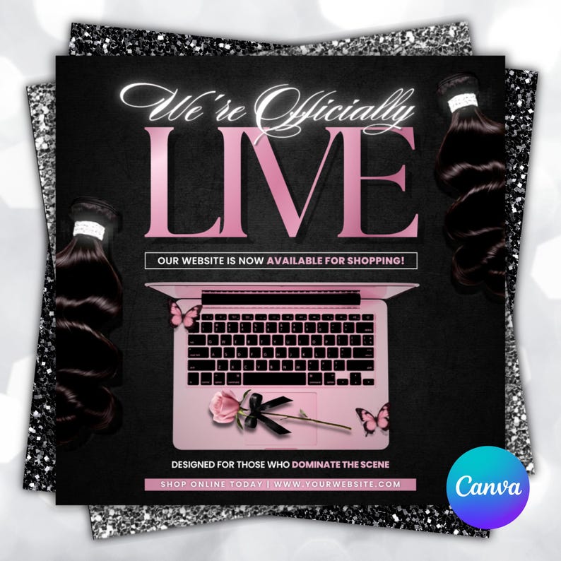 May include: A promotional graphic with the text "We're Officially LIVE" in pink, set against a black background. A pink laptop, a rose, and butterfly graphics are included. Bundles of dark hair are on the sides. The website is available for shopping.