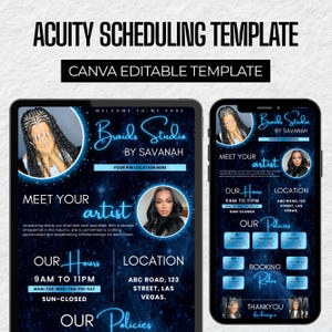 May include: Acuity scheduling template for a beauty business, displayed on a tablet and smartphone. The design features a dark blue background with white and light blue text, including the business name "Braids Studio by Savanah" and contact information.