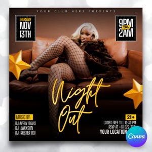 Könnte beinhalten: Ein Werbeplakat für eine Nachtclubveranstaltung. Das Plakat zeigt eine Frau in Netzstrümpfen und einem Pelzmantel, die auf einem braunen Ledersofa sitzt. Die Worte "Night Out" sind in goldener Schrift geschrieben. Die Veranstaltung findet am Donnerstag, den 13. November, von 21 bis 2 Uhr statt.