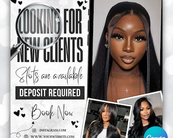 New Client Booking Flyer, Calling All New Clients, Hair Stylist, Lash Tech, Nail Tech, MUA, Editable Canva Editable