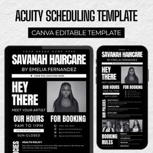 May include: Acuity Scheduling Template for hair salon services. The template includes a Canva editable design for a hair salon, with a black and white color scheme. The template includes the salon's name, hours, and booking information.