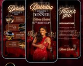 Elegant Birthday Dinner Invitation: Black & Gold, Royal Red Evite, Editable Canva Template (Digital Evite)