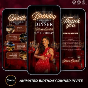 Invito digitale per cena di compleanno, cena di compleanno nera/rossa, invito digitale per festa di compleanno, modello modificabile, festa di compleanno, invito di testo