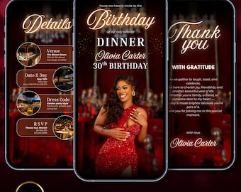 Elegant Birthday Dinner Invitation: Black & Gold, Royal Red Evite, Editable Canva Template (Digital Evite)