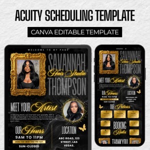 May include: Acuity scheduling template for a hair studio, displayed on a tablet and smartphone. The design features a black and gold color scheme with the text "Savannah Hair Studio Thompson". Includes artist information, hours, location, and booking rules.