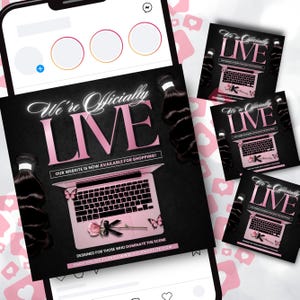 May include: A promotional image with the text "We're Officially LIVE" in pink against a black background. The image includes a pink laptop, butterflies, and bundles of hair. The website is now available for shopping.