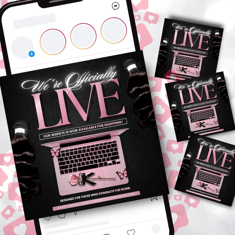 May include: A promotional image with the text "We're Officially LIVE" in pink against a black background. The image includes a pink laptop, butterflies, and bundles of hair. The website is now available for shopping.