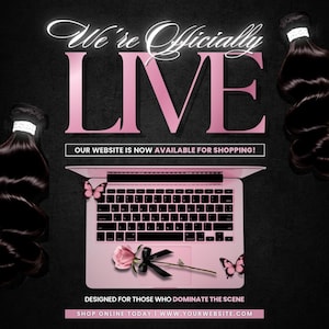 May include: A pink laptop with a black keyboard, a rose, and butterflies is featured in this image. The words "We're Officially LIVE" are displayed in pink and white. The text "OUR WEBSITE IS NOW AVAILABLE FOR SHOPPING!" is also visible.