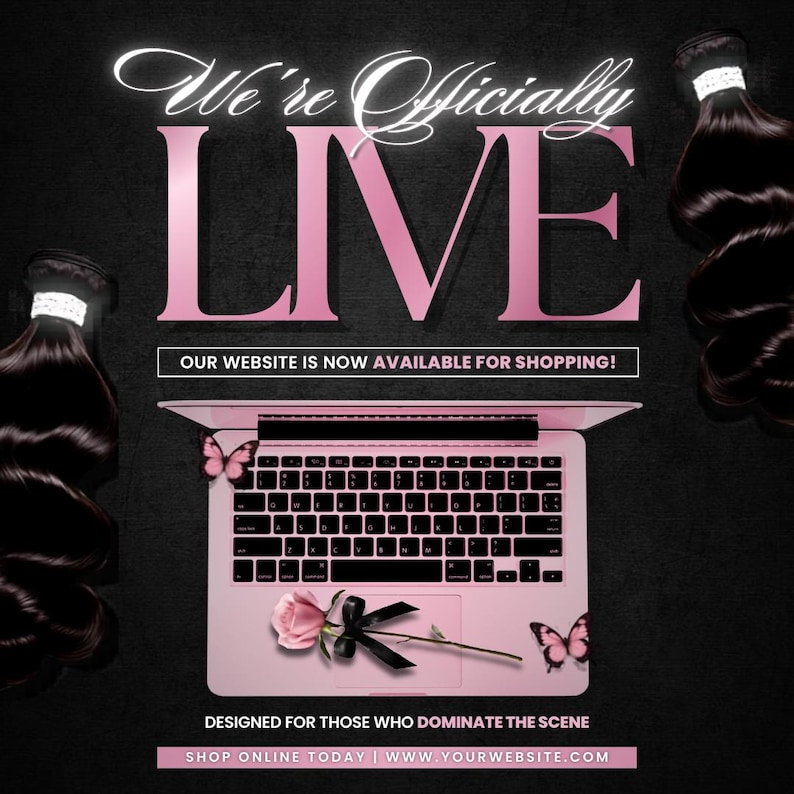 May include: A pink laptop with a black keyboard, a rose, and butterflies is featured in this image. The words "We're Officially LIVE" are displayed in pink and white. The text "OUR WEBSITE IS NOW AVAILABLE FOR SHOPPING!" is also visible.