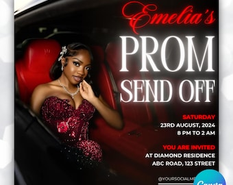 May include: A black and red invitation for a prom send-off party. The invitation features a photo of a woman in a red dress sitting in a car. The text on the invitation reads "Emelia's Prom Send Off", "Saturday, 23rd August, 2024, 8 PM to 2 AM", "You are invited at Diamond Residence ABC Road, 123 Street", and "@YourSocialMe".