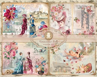 Op de afbeelding: Een digitale collagekit met een vintage esthetiek met afbeeldingen van vrouwen in jurken, bloemen en een cherubijn. De kit heeft de titel "Renaissance Bella Journal Kit".