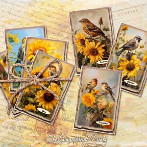 Birds & Sunflowers Journal Cards Printable Kit for Junk Journal Scrapbooking Paper Craft Gift Card    TheGingerbreadPrints