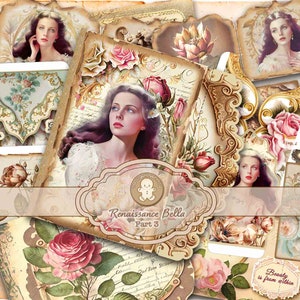 Renaissance Bella, partie 3, kit imprimable Pages de carnet, signets, cartes postales, étiquettes, autocollants, feuilles de collage, journal indésirable, les impressions pain d'épice