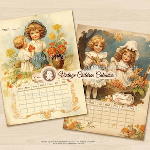 Vintage Kinder Jedes Jahr 12-Monatskalender Monatliche Vorlagen Digital Printable Kit Bullet Junk Journal Buchherstellung TheGingerbreadPrints