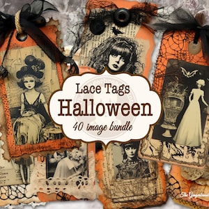 40 Tags Bundle Vintage Halloween Lace Tags Printable Kit for Junk Journal Scrapbooking Paper Craft Gift Card    TheGingerbreadPrints