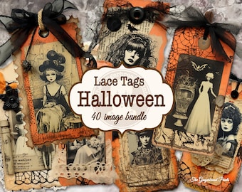 40 etiketter Bunt Vintage Halloween Spetsetiketter Utskrivbart Kit för Junk Journal Scrapbooking Pappershantverk Presentkort TheGingerbreadPrints