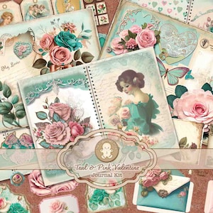 Könnte beinhalten: Teal- und rosafarbener Valentinstag-Journal-Kit mit floralen und Herzmotiven. Das Kit enthält verschiedene Papiere, Etiketten und Verzierungen.