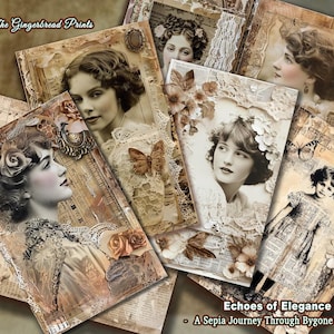 Könnte beinhalten: Eine Sammlung von Vintage-Kunstdrucken in Sepia-Tönen mit Porträts von Frauen mit floralen und Schmetterlingsakzenten. Die Drucke haben einen Collage-Stil mit gealtertem Papier und Spitzendetails. Der Text auf den Drucken lautet "Echoes of Elegance - A Sepia Journey Through Bygone Beauties."
