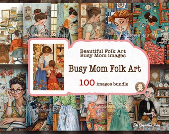 100 Busy Mom Folk Art images Bundle Printable Kit  Junk Journal Scrapbooking Bullet Journal TheGingerbreadPrints