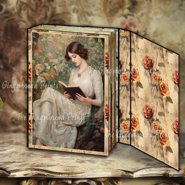 Reading Journal Printable Kit Beautiful Vintage Lady Reading Images Journal Pages Collage For Junk Journal TheGingerbreadPrints