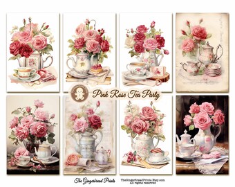 8 Pink Rose Tea Party Cards Printable Kit for Junk Journal Scrapbooking Paper Craft Gift Card    TheGingerbreadPrints