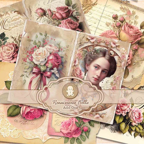 Renaissance Bella Add-on Printable Kit Journal Pages Bookmarks Post Cards Tags Stickers Collage sheets Junk Journal TheGingerbreadPrints