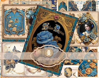 A Blue Rose Journal Part 1 Printable Kit Journal Covers Pages Post Cards Tags Stickers Collage sheets Junk Journal TheGingerbreadPrints