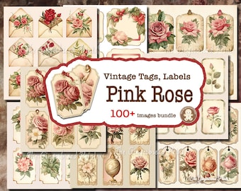 100+ Pink Rose Tags Labels Image Bundle Printable Kit Junk Journal Scrapbooking Bullet Journal TheGingerbreadPrints