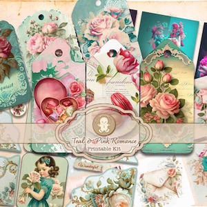 Op de afbeelding: Teal en roze printbare digitale papierset met bloemmotieven, waaronder rozen, harten en een meisje dat bloemen vasthoudt. De set bevat de woorden "Exquisite", "Beautiful", "Wonderful" en "Flourishing".