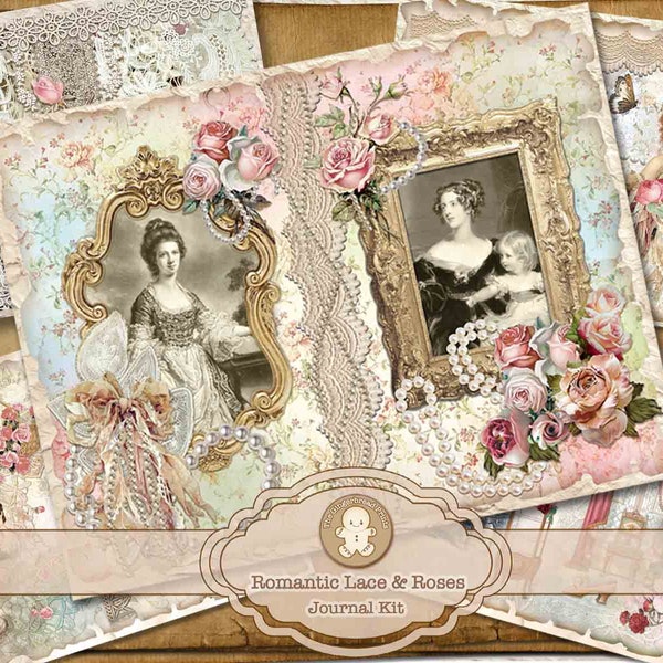 Romantic Lace & Roses Printable Kit Post Cards Tags Stickers Collage sheets Scrapbooking Junk Journal Bullet Journal TheGingerbreadPrints